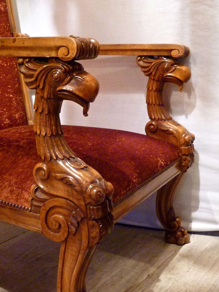 Upholstery Pair of Flamboyant Irish Mahogany High Back Armchairs, circa 1840 For Sale
