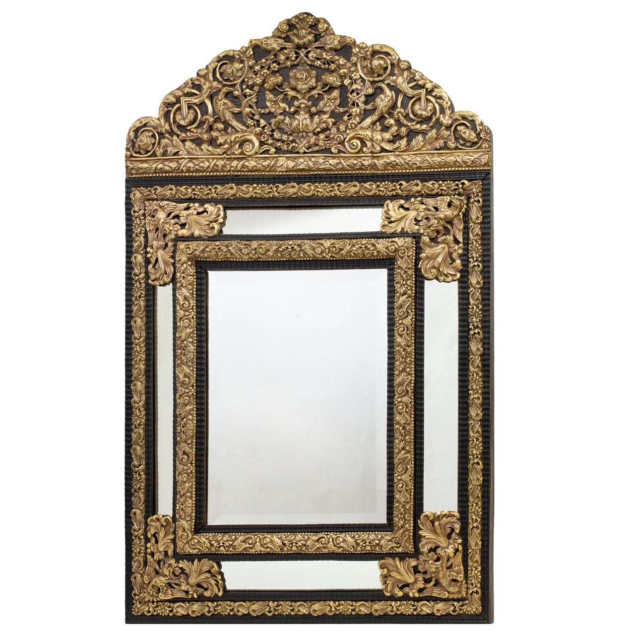 Dutch Brass Rectangular Repoussé Mirror with Crest, circa 1860.