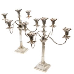 Pair of Edwardian Silver Plate 5-Light Corinthian Column Candelabra