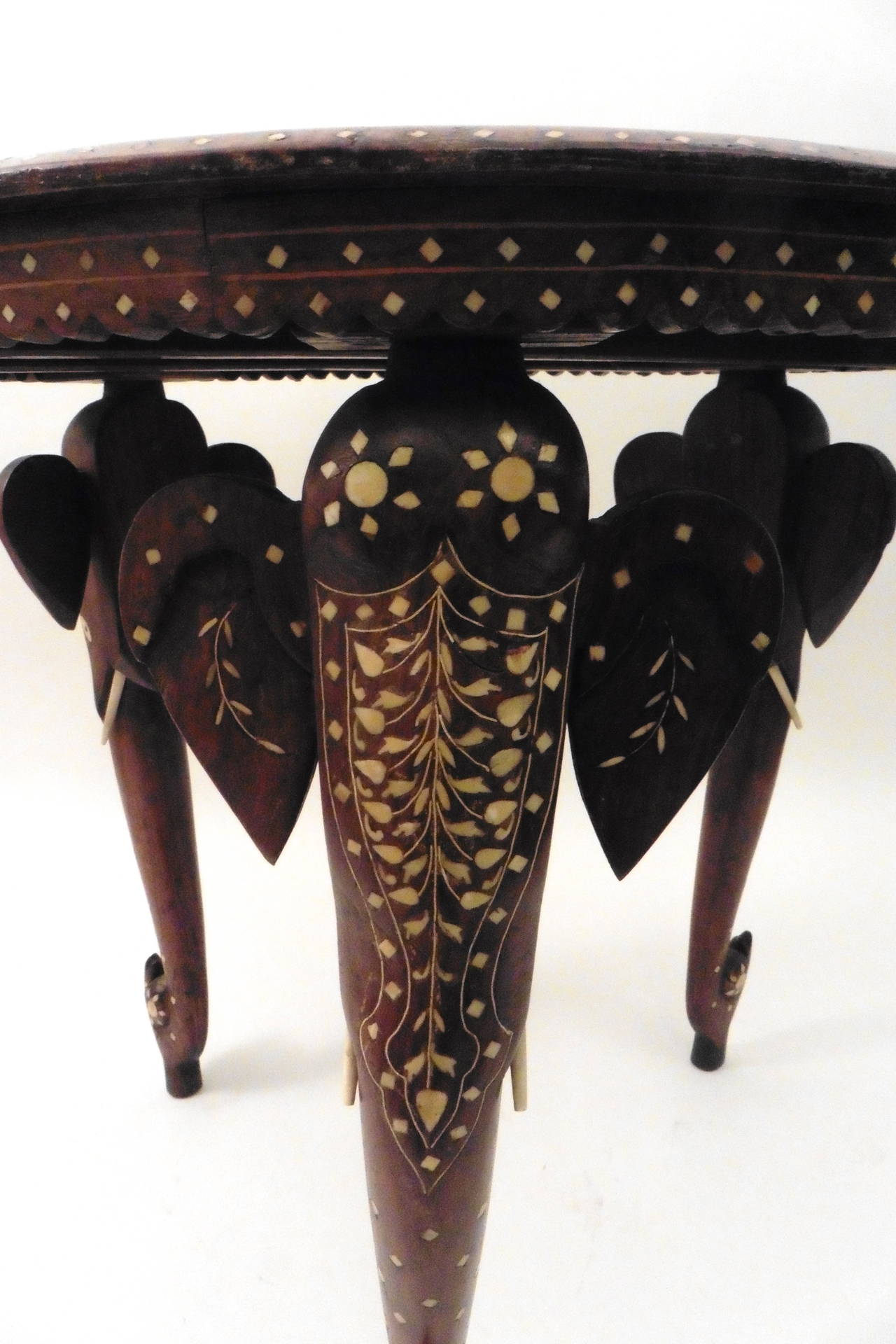 Indian Teak and Bone Inlaid Occasional Table with Elephant Legs, circa 1920 In Good Condition In London, GB