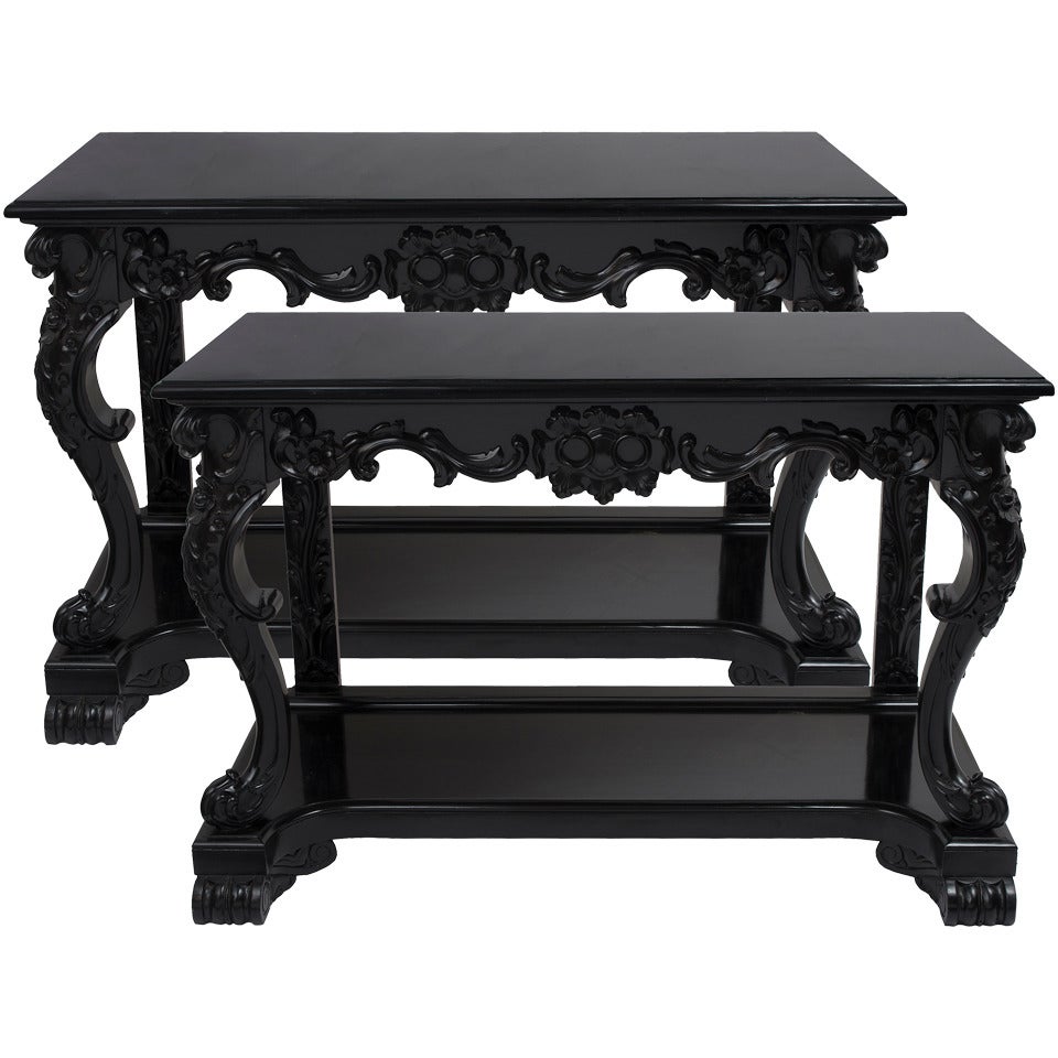Imposing Pair of Anglo Indian Ebonised Console Tables - late 19thC