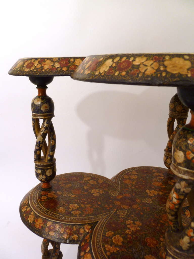 20th Century Kashmir Lacquered Two Tier Table with Open Barley Twist Legs circa 1910