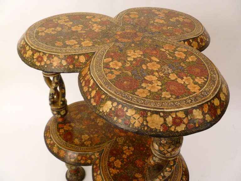 Indian Kashmir Lacquered Two Tier Table with Open Barley Twist Legs circa 1910