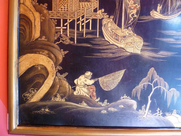 Large Chinese Lacquer Panel with Riverscape Scene circa 1900 In Good Condition In London, GB