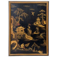 Large Chinese Lacquer Panel with Riverscape Scene circa 1900