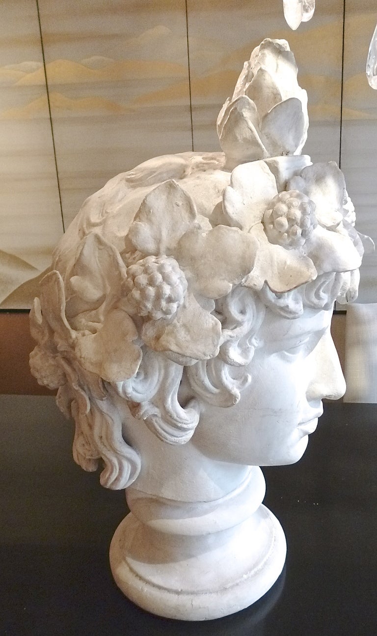 Plaster Bust of the Head of Antinous as Dionysus - after the original full length statue in Pio-Clementine Vatican Museum - German early 20th Century.

This over scale head depicts Antinous in the guise of the Greek wine god, Dionysus, with Grapes