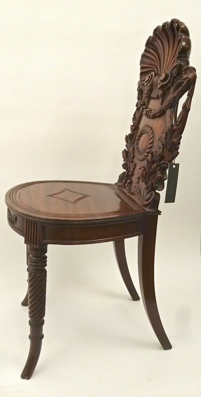 Pair Irish 19thC  Highly Carved Mahogany Hall Chairs with Shell Backs c1850 3