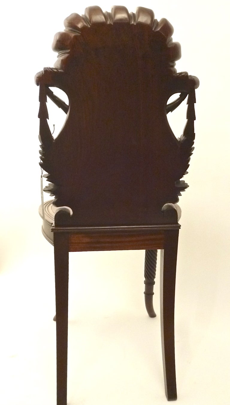 Pair Irish 19thC  Highly Carved Mahogany Hall Chairs with Shell Backs c1850 4