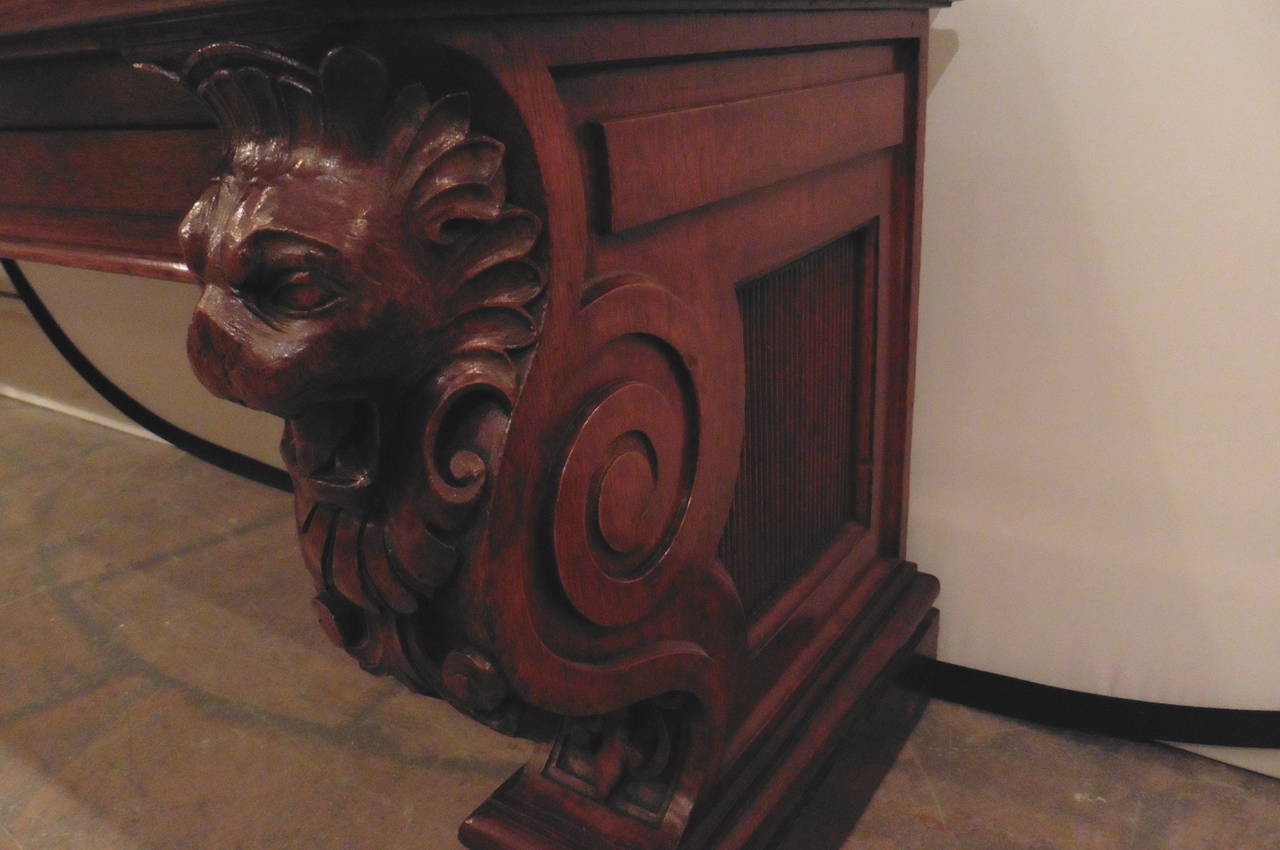 Mid-19th Century Large English Mahogany Hall Bench with Lions Head Bracket Supports, circa 1850