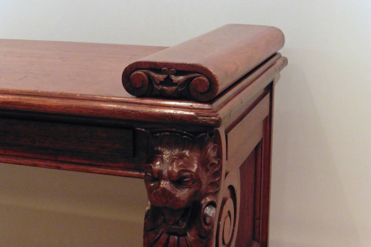 Large English Mahogany Hall Bench with Lions Head Bracket Supports, circa 1850 2