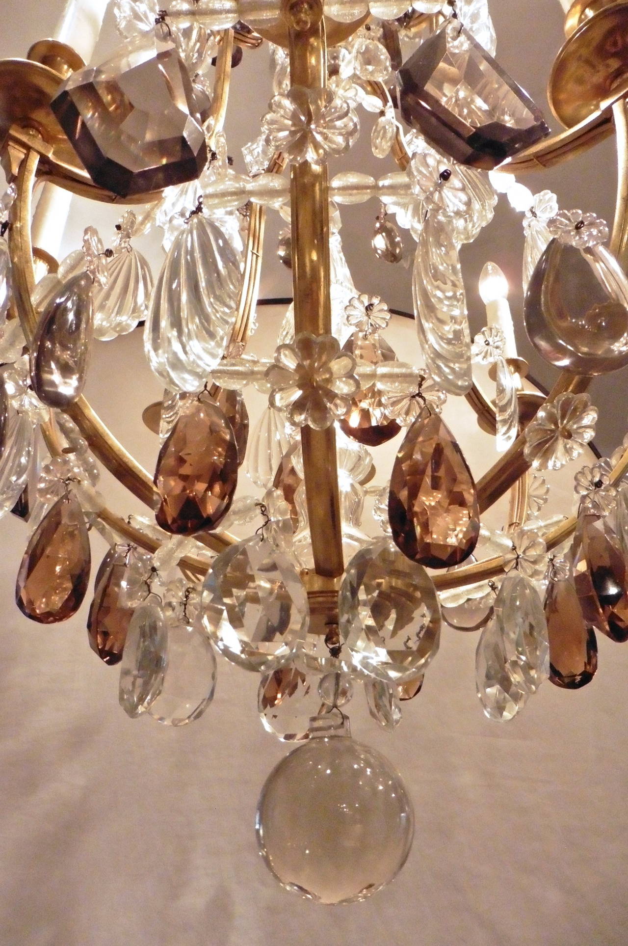 French Baguès Style Gilt Bronze and Tinted Glass Drop Eight-Light Chandelier c1900
