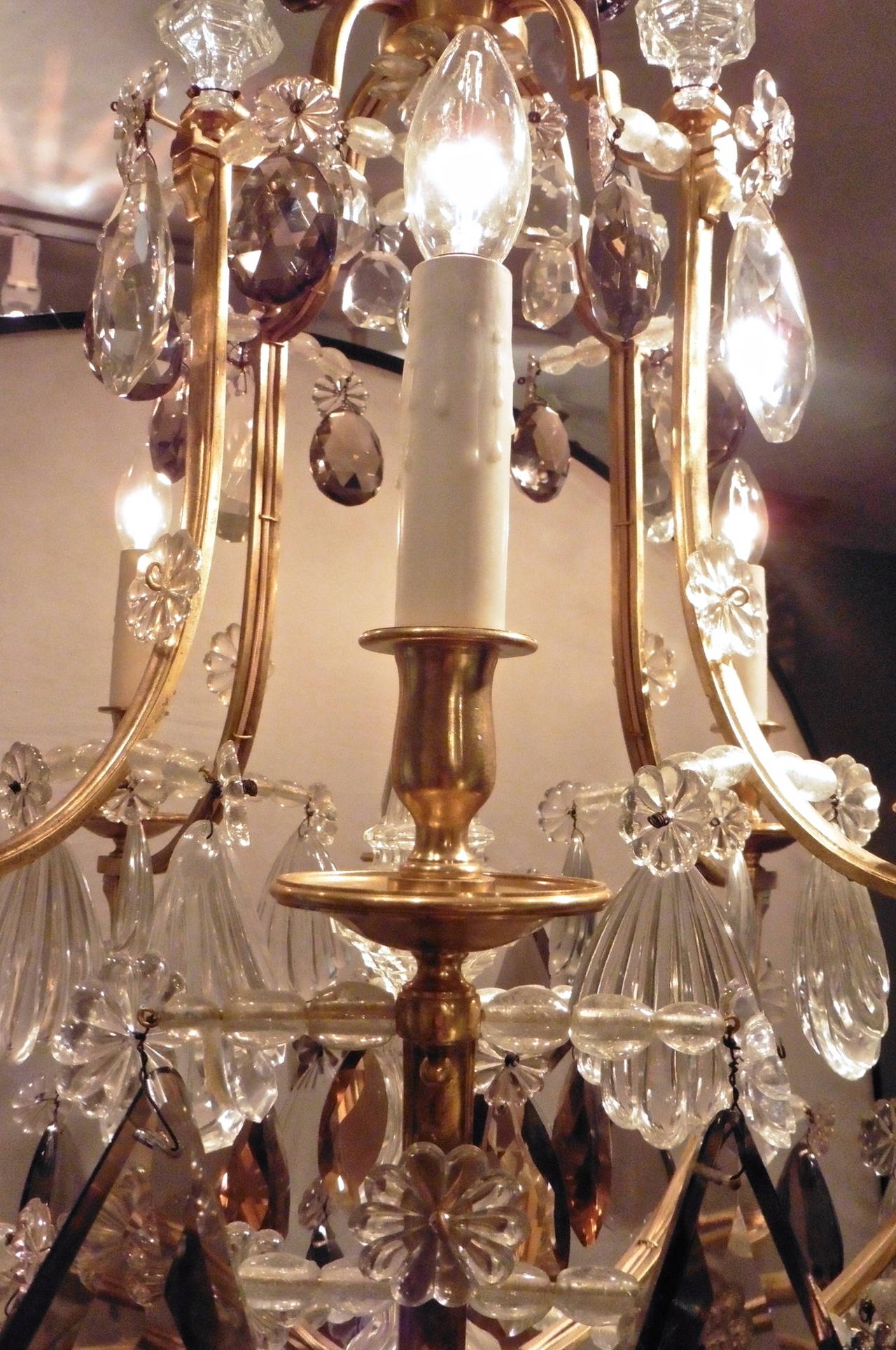 Baguès Style Gilt Bronze and Tinted Glass Drop Eight-Light Chandelier c1900 4