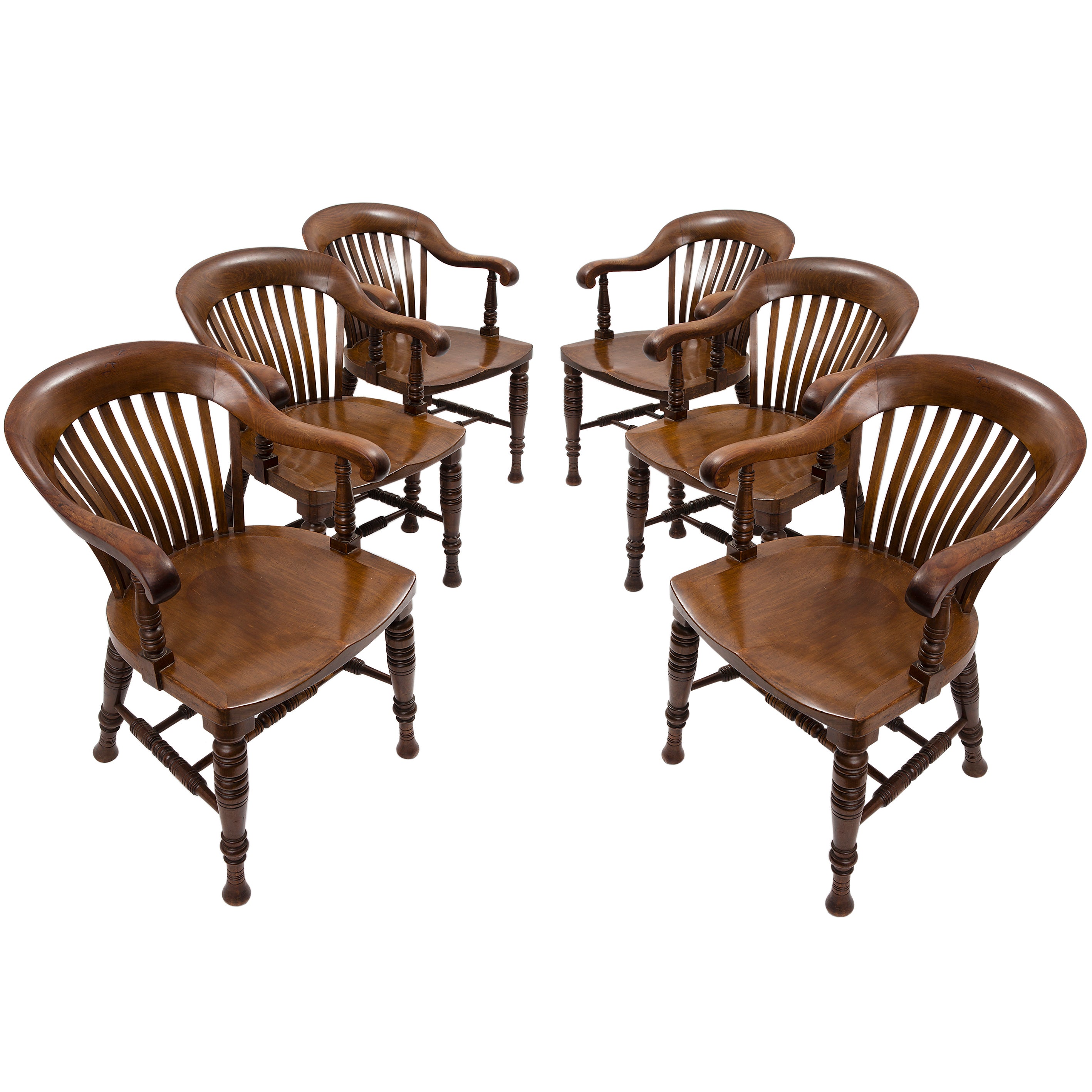 Set Six English Mahogany Slat Back Windsor Style Armchairs c1890