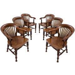 Set Six English Mahogany Slat Back Windsor Style Armchairs c1890