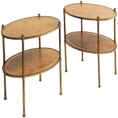 Pair English Oval Brass and Tooled Leather Two Tier Side Tables c.1950