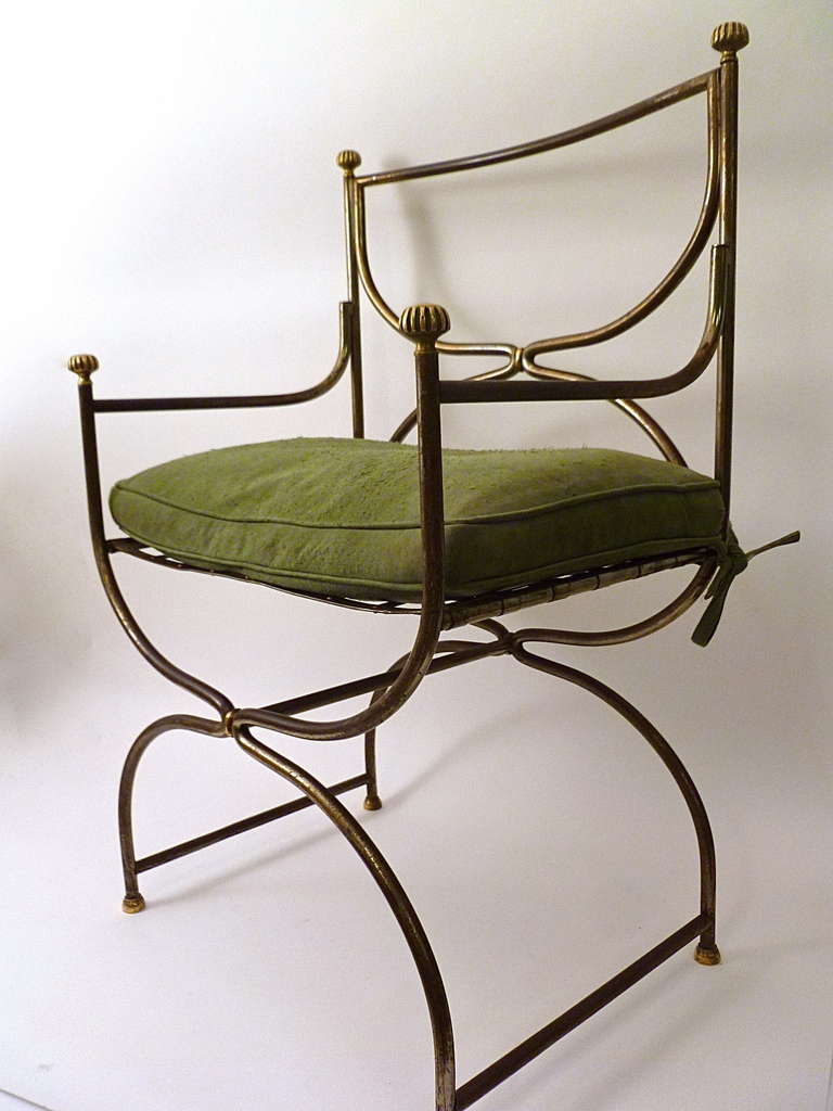 Pair of French Wrought Iron Neoclassical Style Curule Armchairs circa 1960