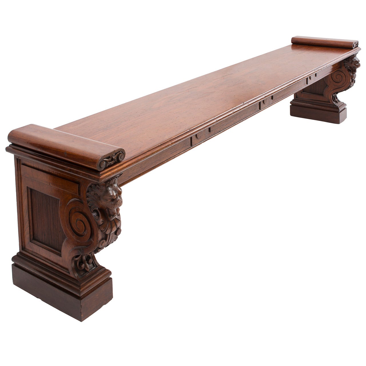 Large English Mahogany Hall Bench with Lions Head Bracket Supports, circa 1850