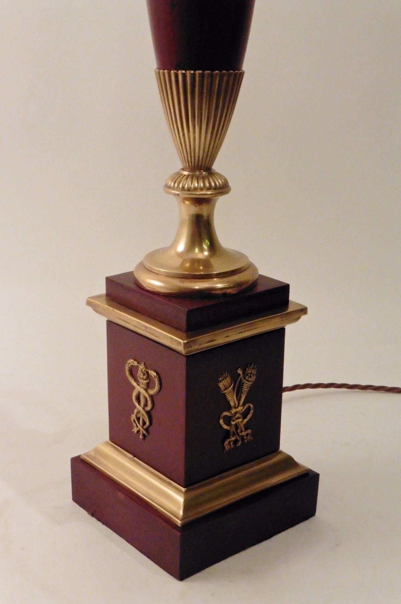 Pair of Louis Philippe Red Tole and Ormolu Amphora Shaped Lamps, circa 1845