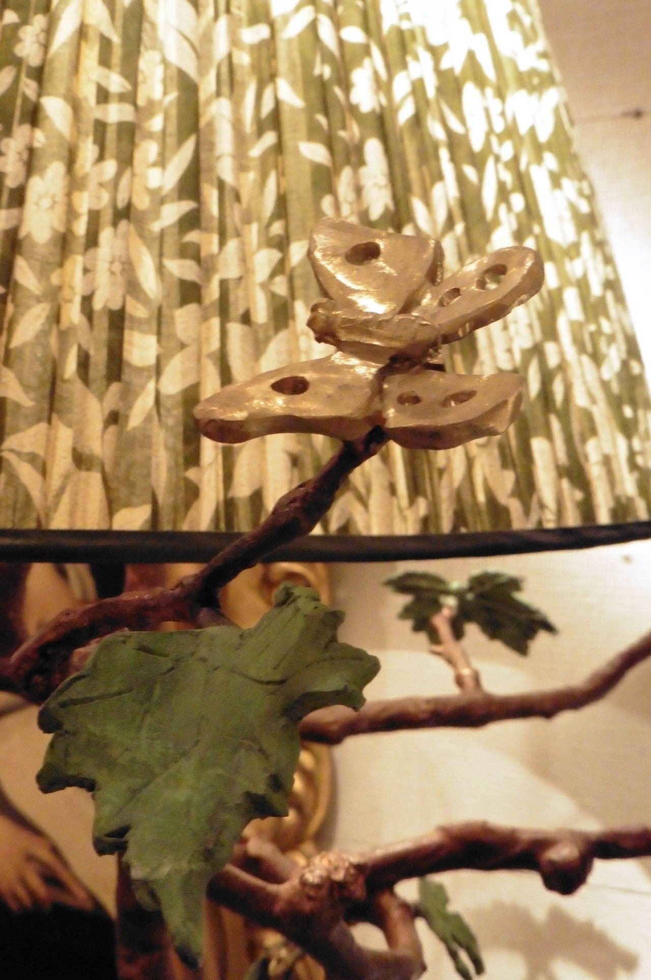Enchanting Paula Swinnen branch design standard lamp in a light brown patina with green leaves and gilt bronze bird, dragonfly and snail. Signed and dated by the artist 2014. Wired UK. Includes vintage green sari shade.

Guinevere Antiques has