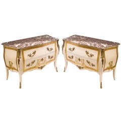 Pair French Painted and Gilded Bombe Commodes