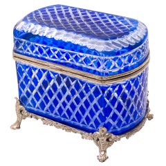 Large Bohemian Blue Glass Casket with Silvered Bronze Mounts