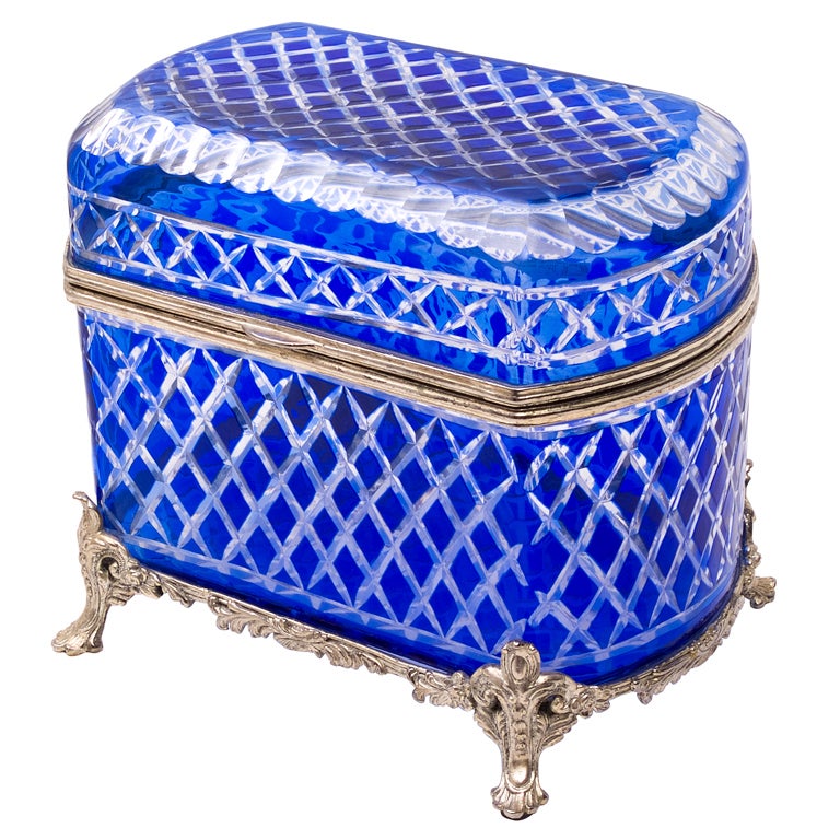 Large Bohemian Blue Glass Casket with Silvered Bronze ...