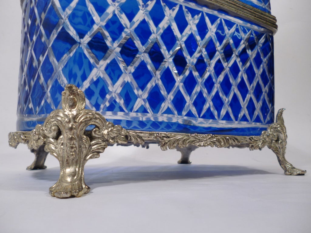 Large Bohemian Blue Glass Casket with Silvered Bronze Mounts