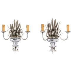 Pair Bagues Glass Flowers and Vase Wall Sconces