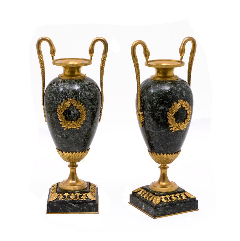 Pair French Neo-Classical Verde Antico Marble Urns