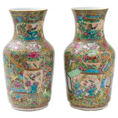 Pair Chinese Canton Gold Ground Mallett Vases