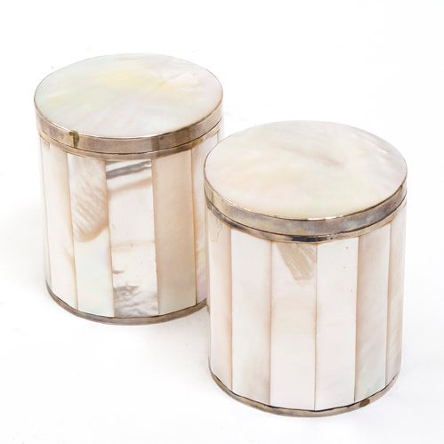 Pair Chinese Cylindrical Mother of Pearl Boxes