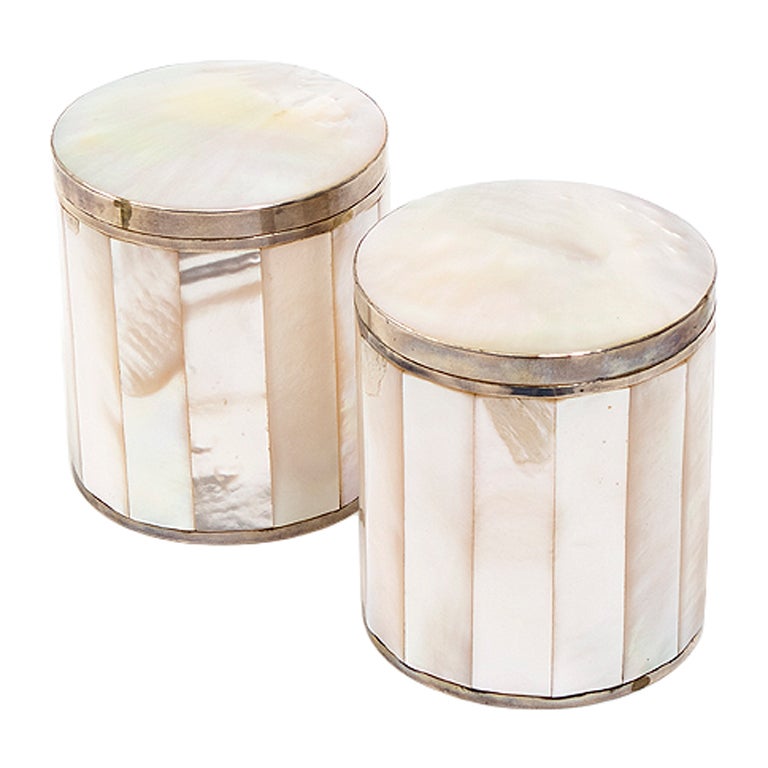 Pair Chinese Cylindrical Mother of Pearl Boxes