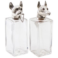 Vintage Pair Austrian Square Glass Decanters with Dogs Head Stoppers