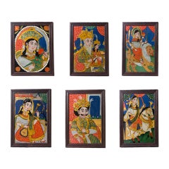 Set of 6 Indian Shekhawati school reverse glass paintings