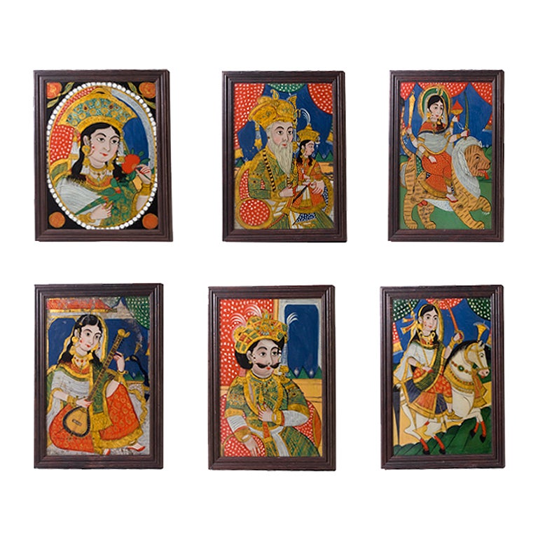Set of 6 Indian Shekhawati school reverse glass paintings