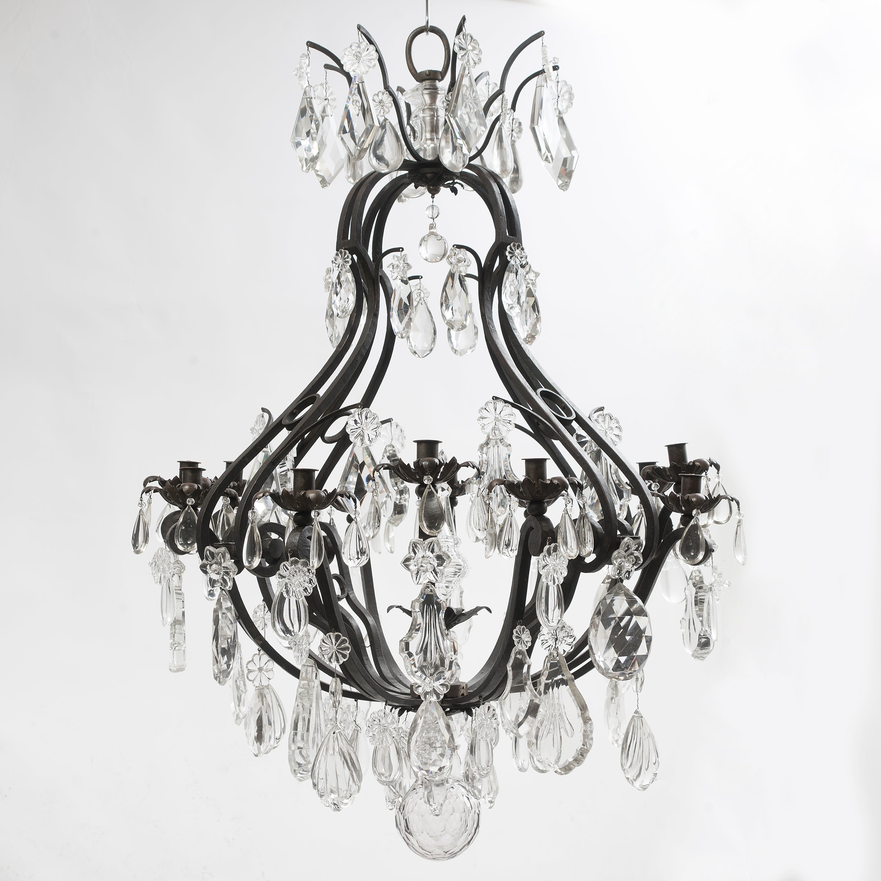French Regence Style Wrought Iron 
Crystal Drop Birdcage Chandelier c1890