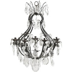 French Regence Style Wrought Iron & Crystal Drop Birdcage Chandelier c1890