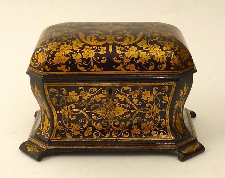Victorian Papier Mache Tea Caddy with Gilt Arabesque Decoration c1860