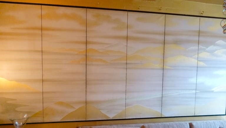 Early 20thC Japanese Six Fold Screen of a Landscape with Gold Background In Good Condition In London, GB