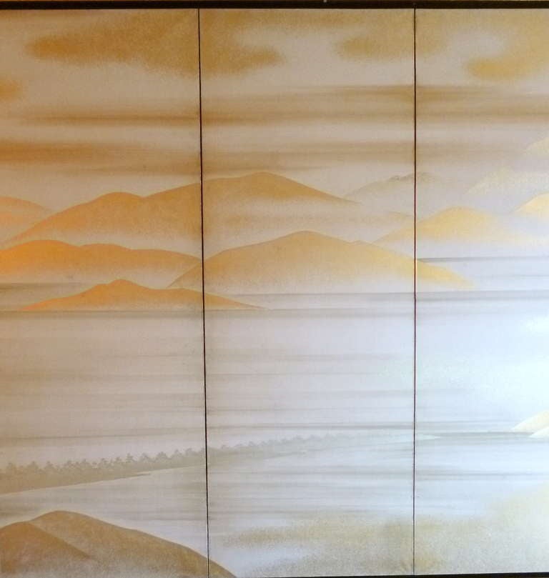 Early 20thC Japanese Six Fold Screen of a Landscape with Gold Background 1