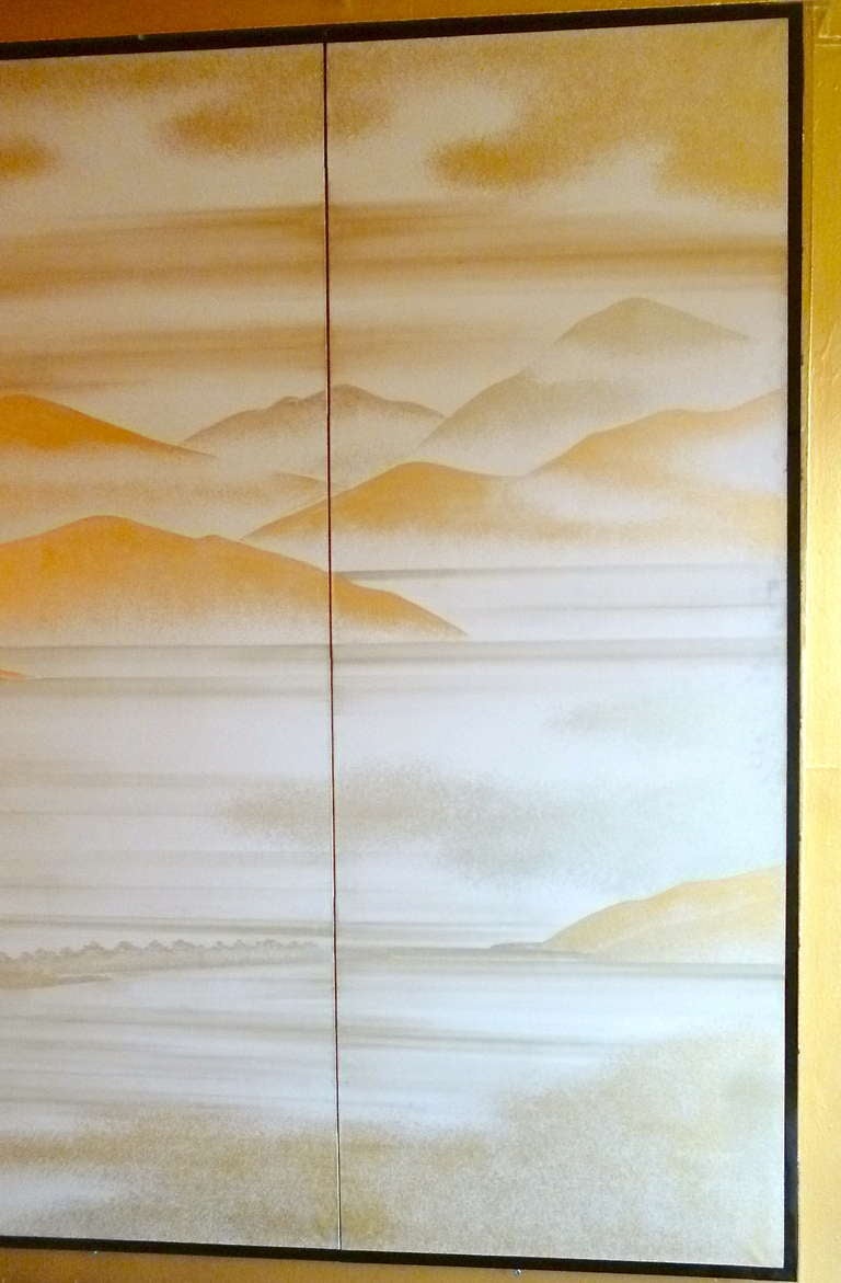 Early 20thC Japanese Six Fold Screen of a Landscape with Gold Background 3