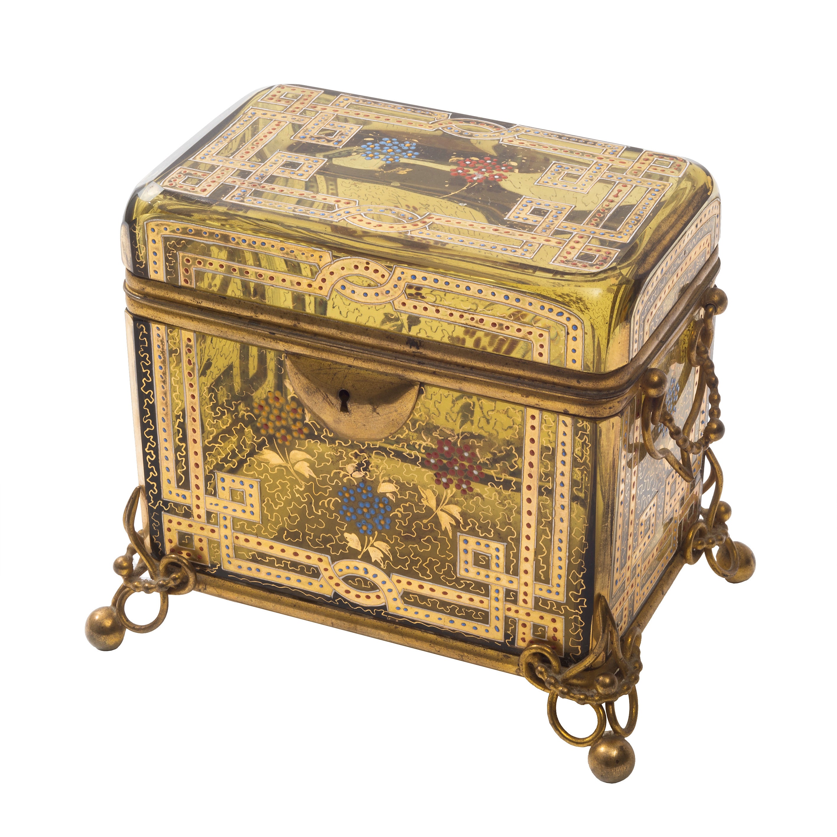 Unusual Pale Amber Bohemian Glass Casket with Gilt Overlay 19th Century