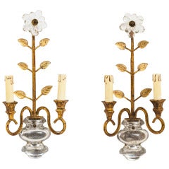 Pair French Bagues Style Gilt Metal and Glass Sconces c1940