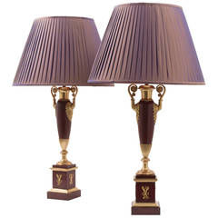 Pair of Louis Philippe Red Tole and Ormolu Amphora Shaped Lamps, circa 1845