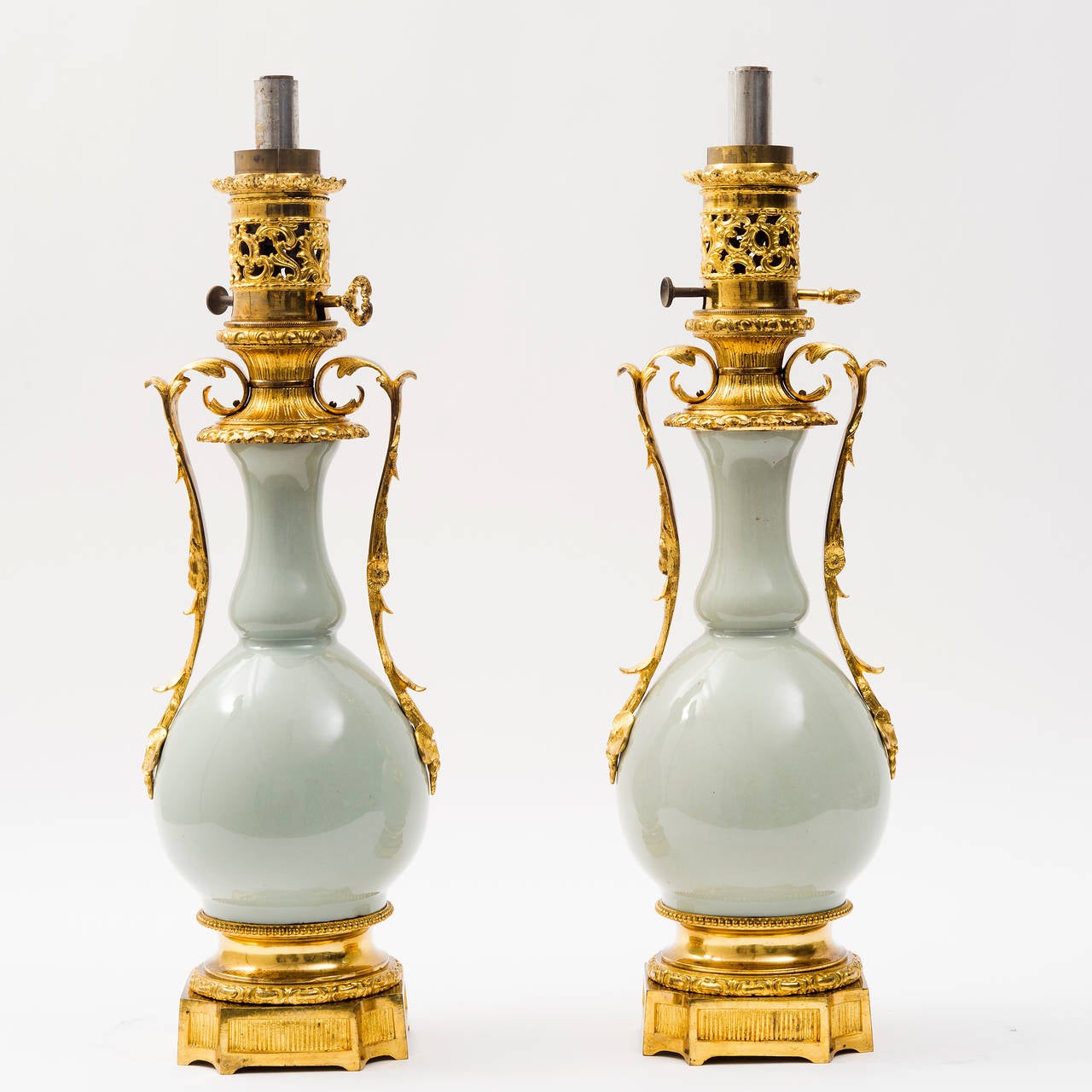 Pair of French Gilt Bronze and Celadon Porcelain Double Gourd Lamps, circa 1900 4