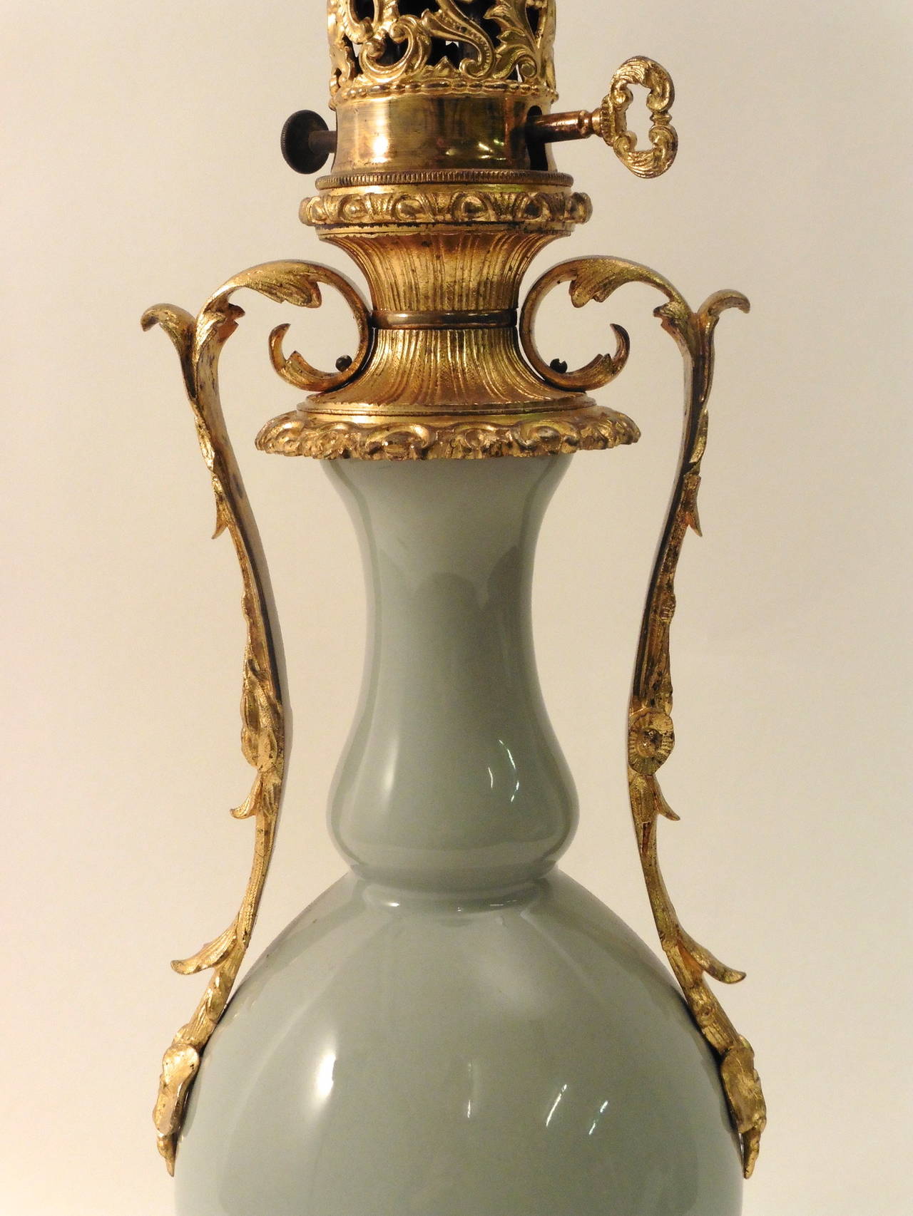 Pair of French Gilt Bronze and Celadon Porcelain Double Gourd Lamps, circa 1900 2
