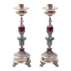 Pair Italian Silver Candlesticks with Semi Precious Stones