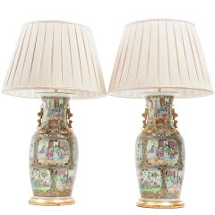 Pair Chinese Canton Baluster Vases Converted to Lamps