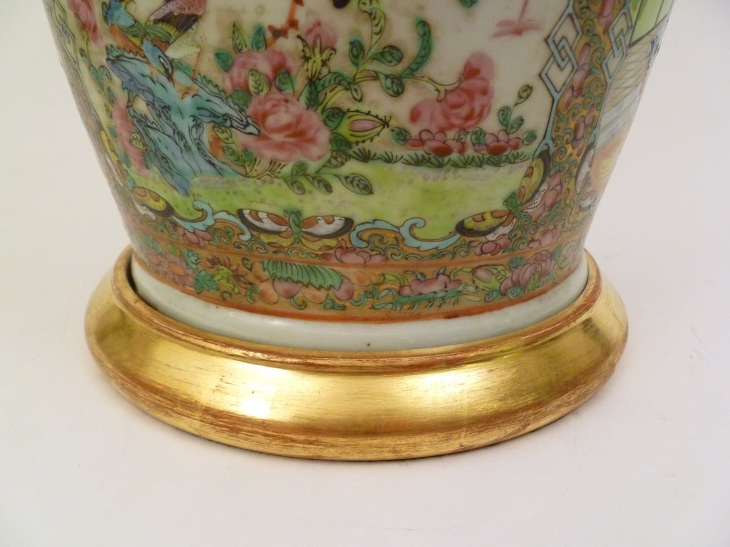 Pair Chinese Canton Baluster Vases Converted to Lamps