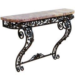 French Art Deco Iron Console Table with Marble Top